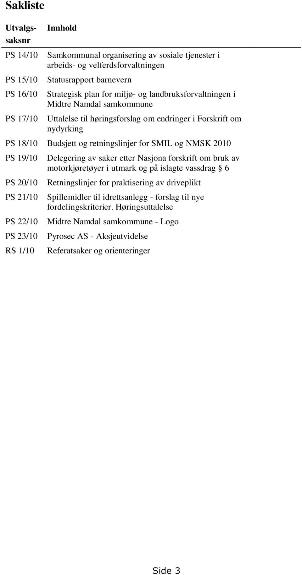 2010 PS 19/10 Delegering av saker etter Nasjona forskrift om bruk av motorkjøretøyer i utmark og på islagte vassdrag 6 PS 20/10 Retningslinjer for praktisering av driveplikt PS 21/10