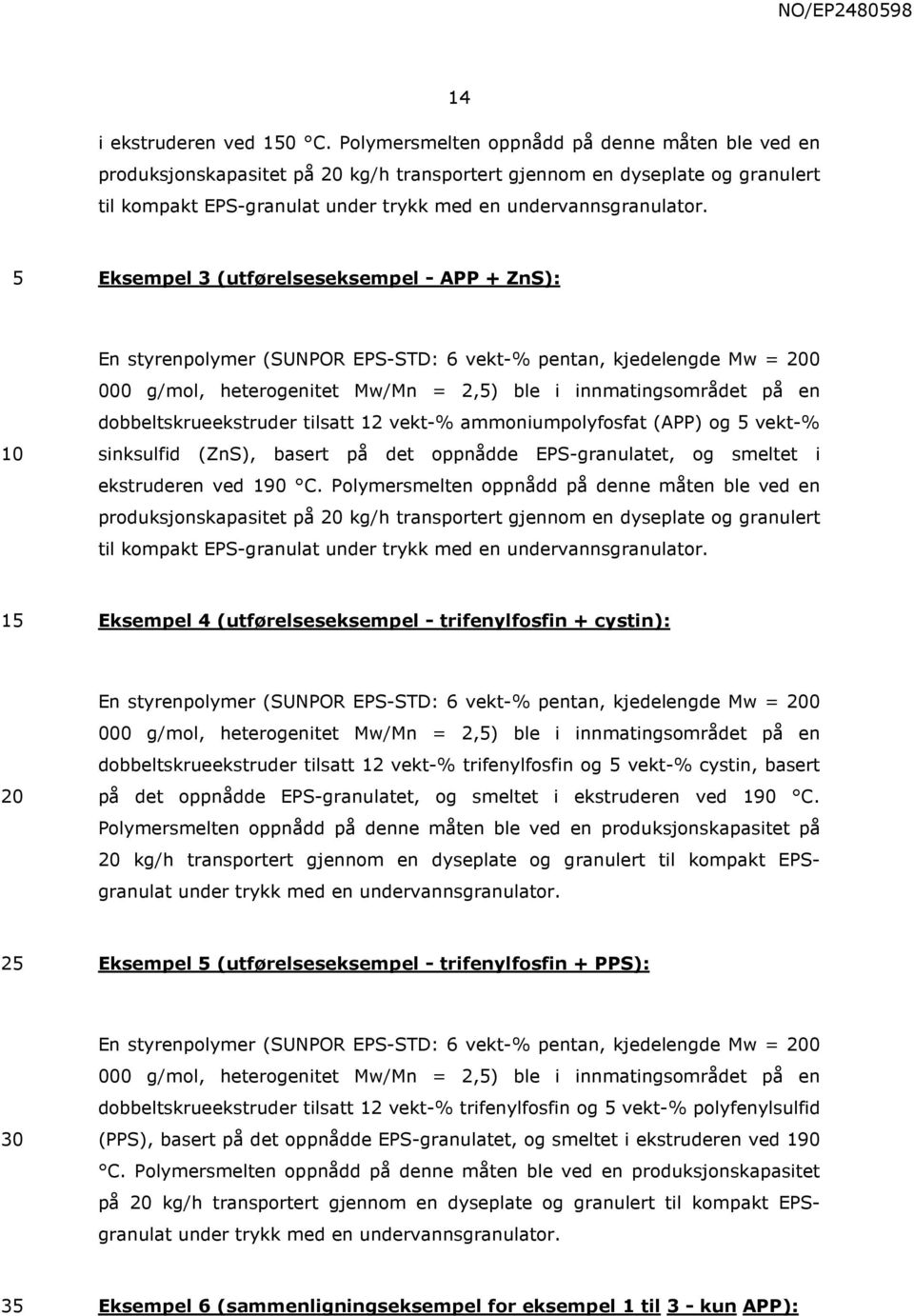 Eksempel 3 (utførelseseksempel - APP + ZnS): En styrenpolymer (SUNPOR EPS-STD: 6 vekt-% pentan, kjedelengde Mw = 0 000 g/mol, heterogenitet Mw/Mn = 2,) ble i innmatingsområdet på en