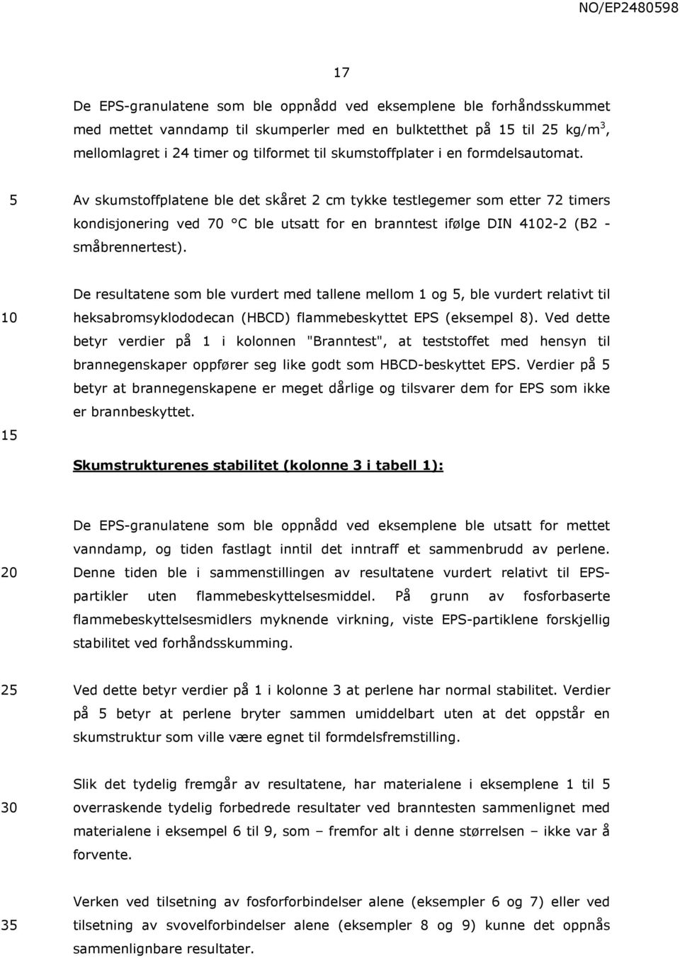 Av skumstoffplatene ble det skåret 2 cm tykke testlegemer som etter 72 timers kondisjonering ved 70 C ble utsatt for en branntest ifølge DIN 42-2 (B2 - småbrennertest).