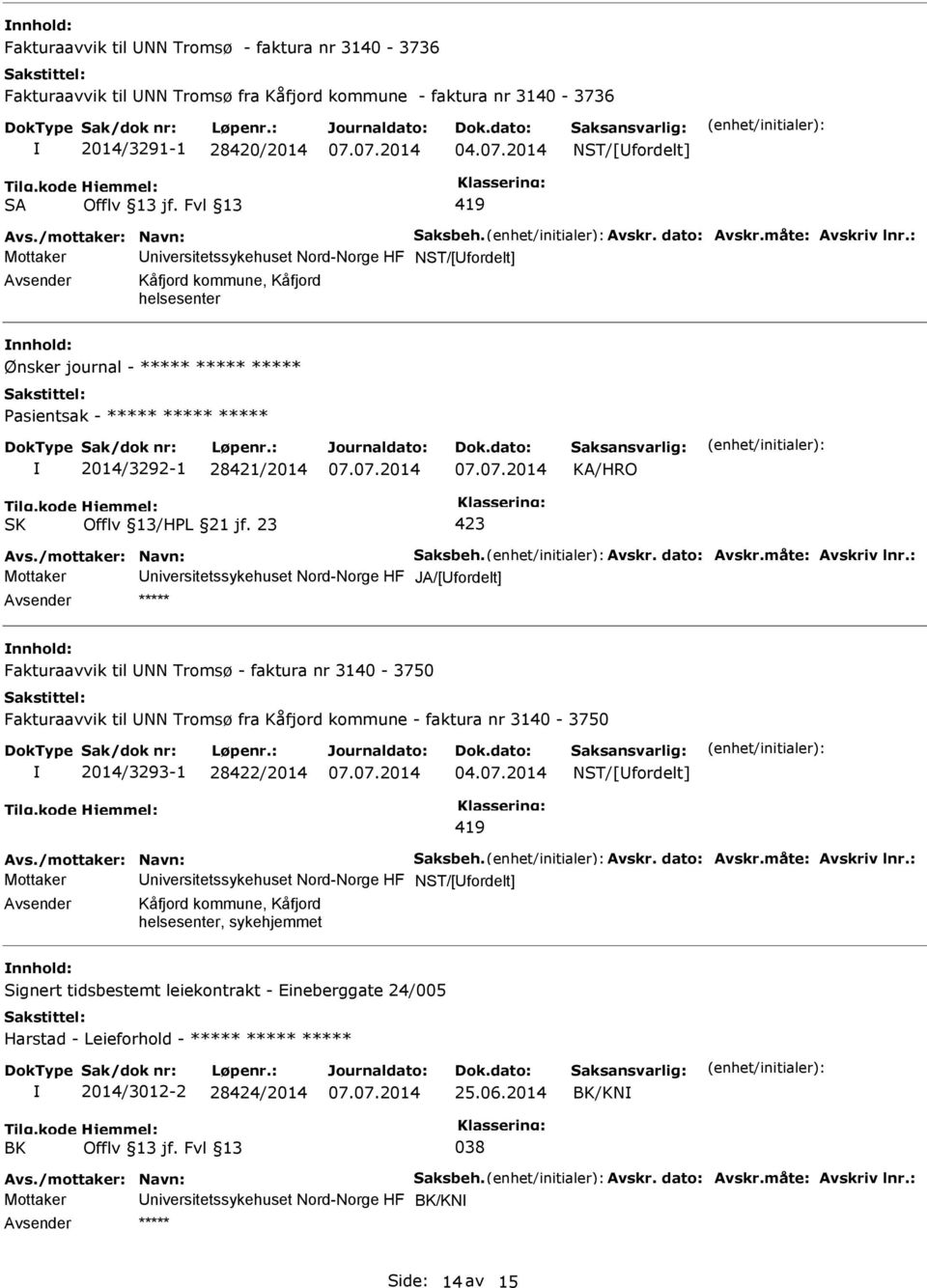 : Mottaker Universitetssykehuset Nord-Norge HF NST/[Ufordelt] Avsender Kåfjord kommune, Kåfjord helsesenter nnhold: Ønsker journal - ***** ***** ***** 2014/3292-1 28421/2014 Avs.