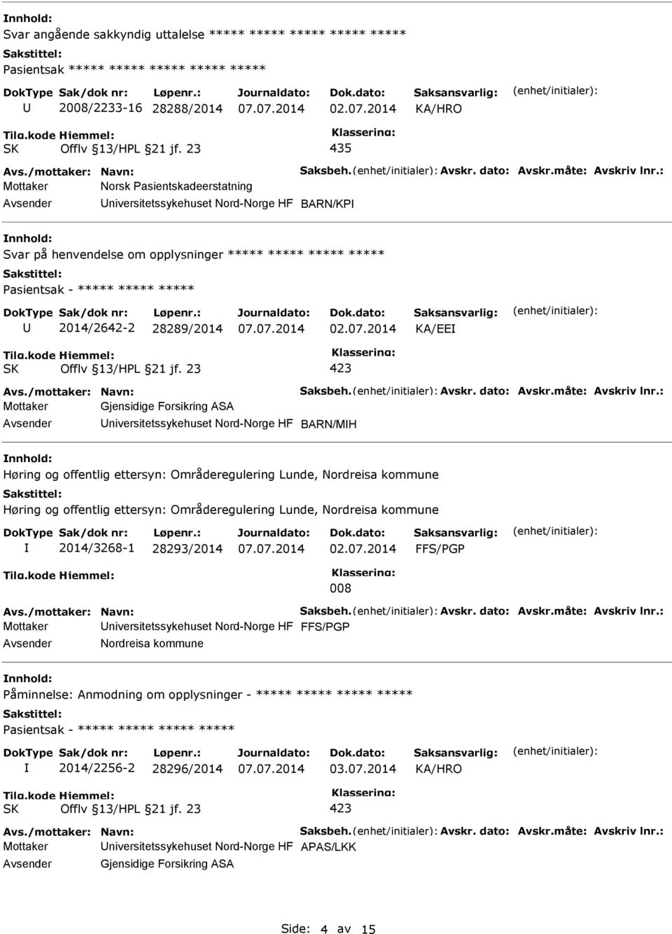 : Mottaker Norsk Pasientskadeerstatning Avsender Universitetssykehuset Nord-Norge HF BARN/KP nnhold: Svar på henvendelse om opplysninger ***** ***** ***** ***** U 2014/2642-2 28289/2014 KA/EE Avs.