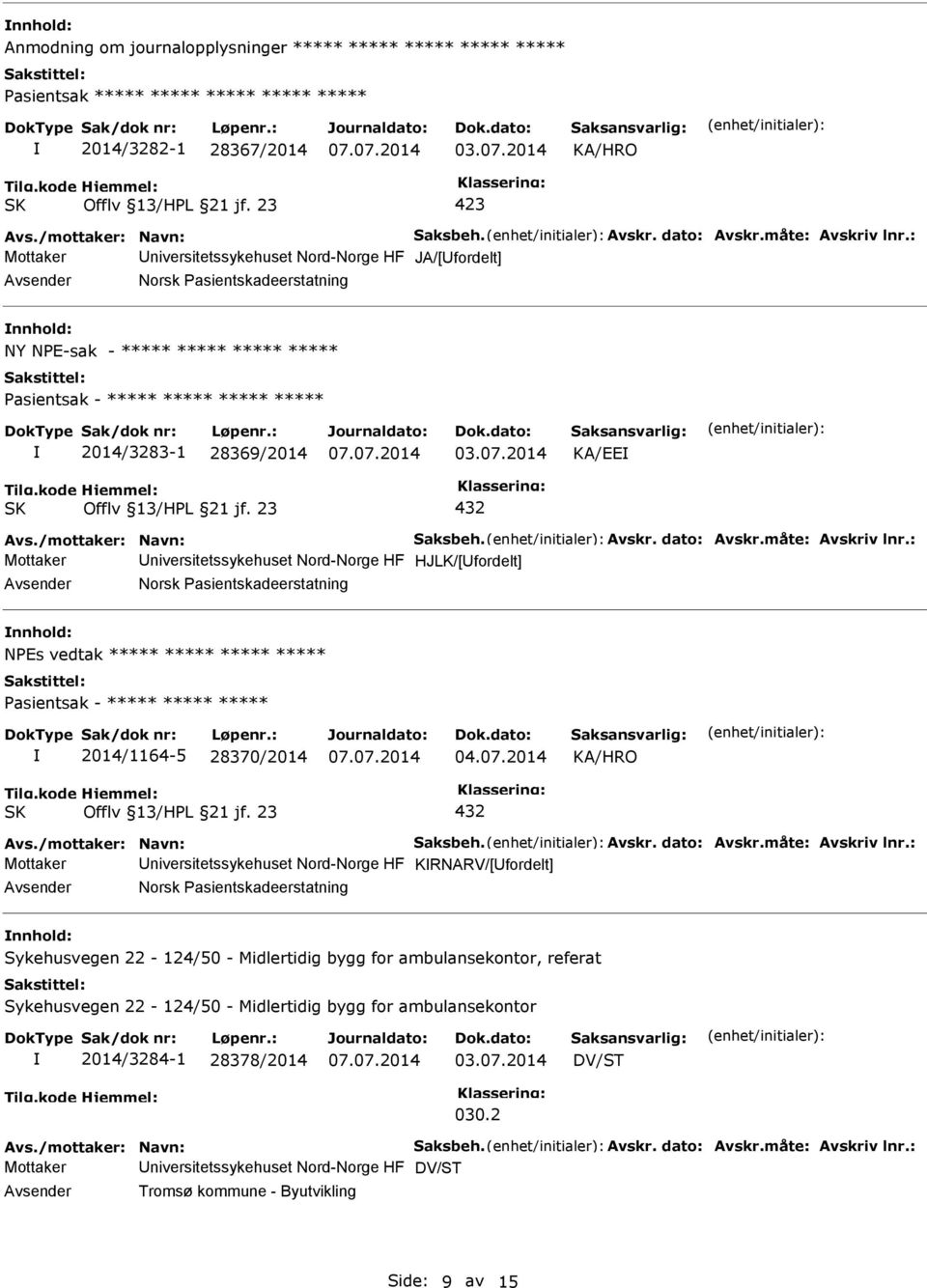 måte: Avskriv lnr.: Mottaker Universitetssykehuset Nord-Norge HF HJLK/[Ufordelt] Avsender Norsk Pasientskadeerstatning nnhold: NPEs vedtak ***** ***** ***** ***** 2014/1164-5 28370/2014 432 Avs.