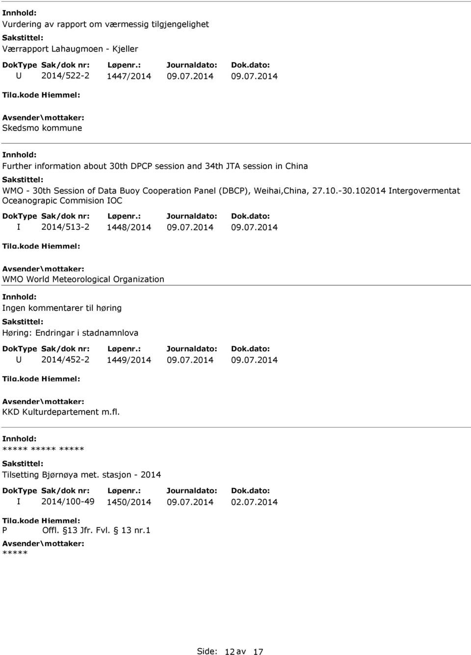 102014 ntergovermentat Oceanograpic Commision OC 2014/513-2 1448/2014 WMO World Meteorological Organization ngen kommentarer til høring Høring: