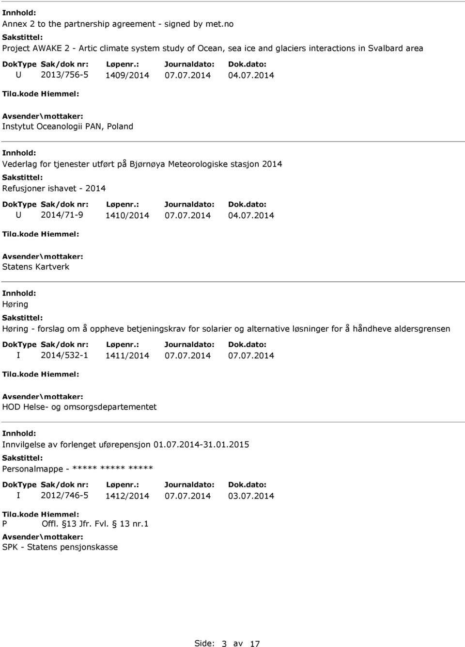 2014 nstytut Oceanologii AN, oland Vederlag for tjenester utført på Bjørnøya Meteorologiske stasjon 2014 Refusjoner ishavet - 2014 2014/71-9 1410/2014 04.07.