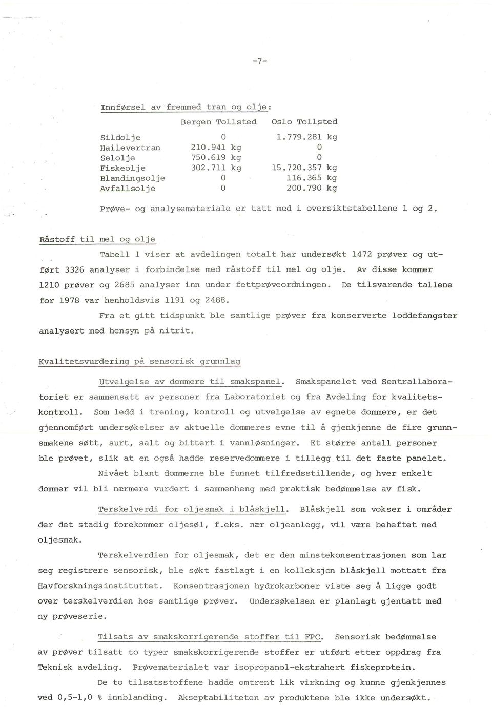 Råstoff til mel og olje Tabell l viser at avdelingen totalt har undersøkt 1472 prøver og utført 3326 analyser i forbindelse med råstoff til mel og olje.