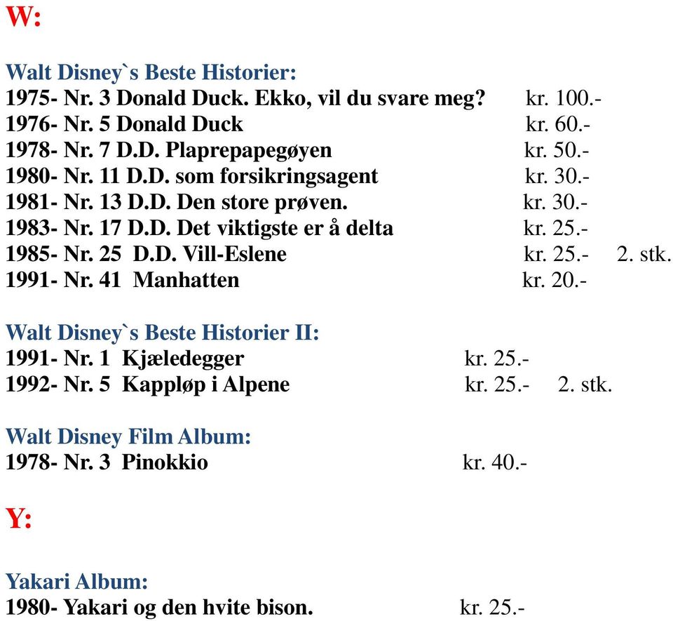 - 1985- Nr. 25 D.D. Vill-Eslene kr. 25.- 2. stk. 1991- Nr. 41 Manhatten kr. 20.- Walt Disney`s Beste Historier II: 1991- Nr. 1 Kjæledegger kr. 25.- 1992- Nr.