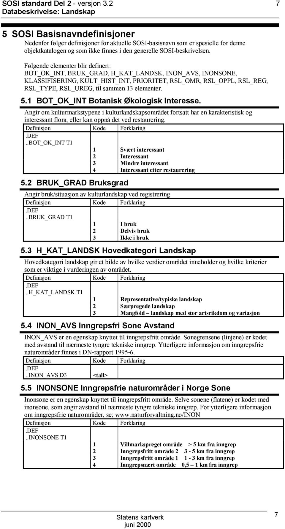 Følgende elementer blir definert: BT_K_INT, BRUK_GRAD, H_KAT_LANDSK, INN_AVS, INNSNE, KLASSIFISERING, KULT_HIST_INT, PRIRITET, RSL_MR, RSL_PPL, RSL_REG, RSL_TYPE, RSL_UREG, til sammen 13 elementer. 5.