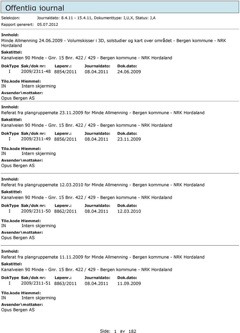 422 / 429 - Bergen kommune - NRK Hordaland N 2009/2311-48 8854/2011 ntern skjerming Opus Bergen AS 24.06.2009 Referat fra plangruppemøte 23.11.2009 for Minde Allmenning - Bergen kommune - NRK Hordaland Kanalveien 90 Minde - Gnr.