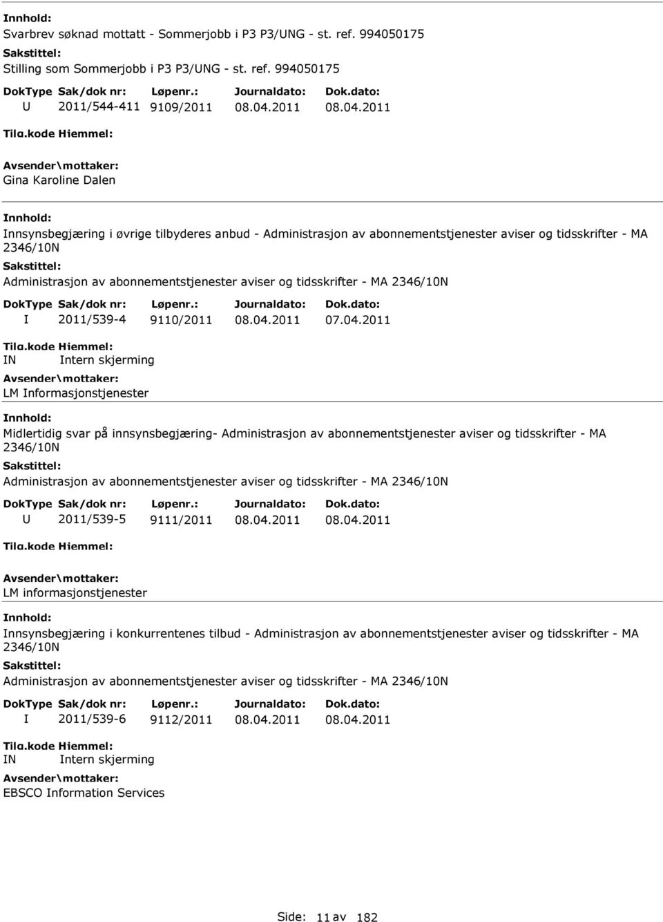 994050175 2011/544-411 9109/2011 Gina Karoline Dalen nnsynsbegjæring i øvrige tilbyderes anbud - Administrasjon av abonnementstjenester aviser og tidsskrifter - MA 2346/10N Administrasjon av