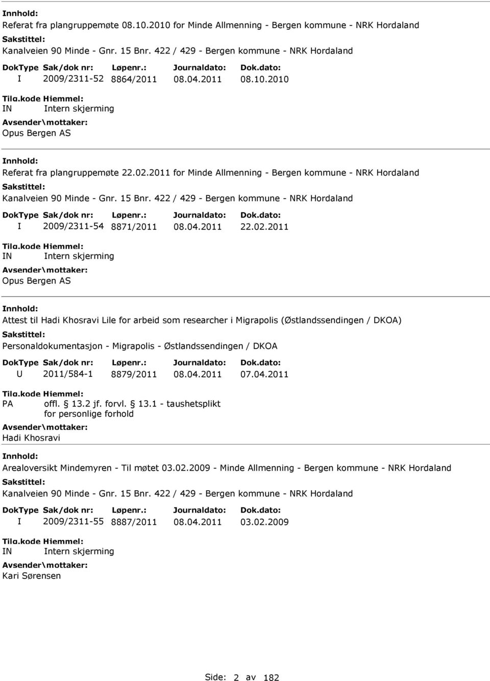 2011 for Minde Allmenning - Bergen kommune - NRK Hordaland Kanalveien 90 Minde - Gnr. 15 Bnr. 422 / 429 - Bergen kommune - NRK Hordaland N 2009/2311-54 8871/2011 ntern skjerming Opus Bergen AS 22.02.