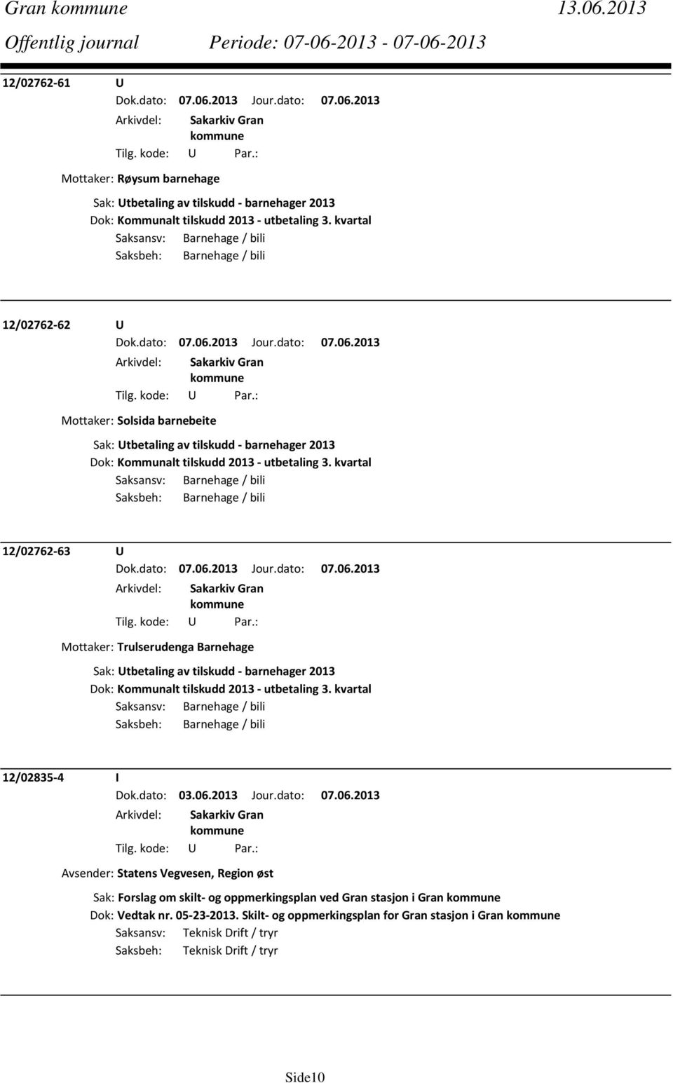 kvartal Saksansv: Barnehage / bili Saksbeh: Barnehage / bili 12/02762 63 U Mottaker: Trulserudenga Barnehage Sak: Utbetaling av tilskudd barnehager 2013 Dok: Kommunalt tilskudd 2013 utbetaling 3.