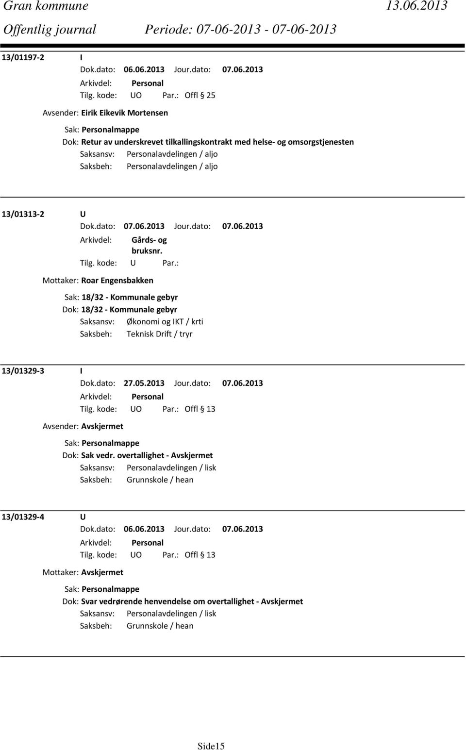 Personalavdelingen / aljo 13/01313 2 U Mottaker: Roar Engensbakken Sak: 18/32 Kommunale gebyr Dok: 18/32 Kommunale gebyr Saksansv: Økonomi og IKT / krti Saksbeh: