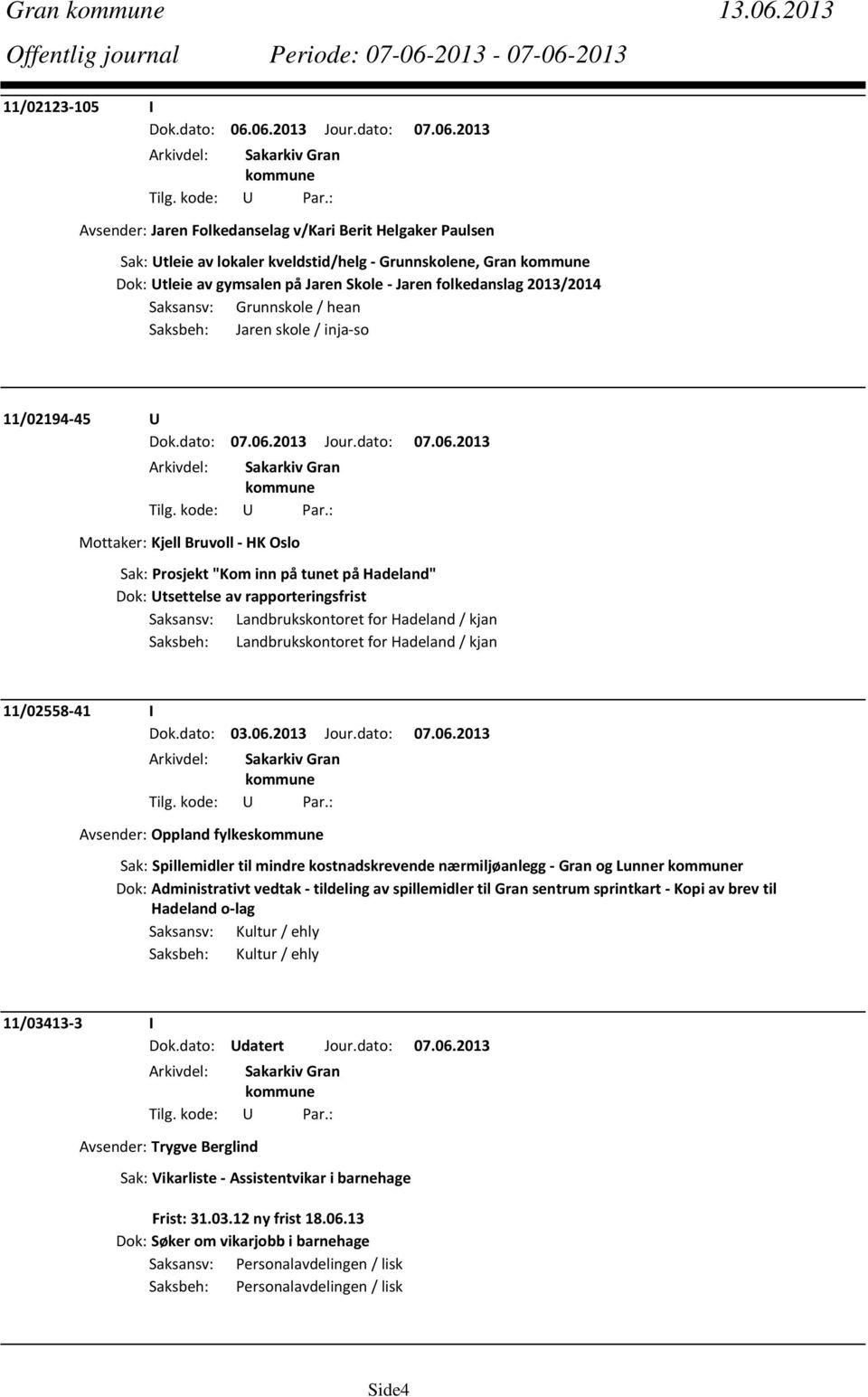 2013/2014 Saksansv: Grunnskole / hean Saksbeh: Jaren skole / inja so 11/02194 45 U Mottaker: Kjell Bruvoll HK Oslo Sak: Prosjekt "Kom inn på tunet på Hadeland" Dok: Utsettelse av rapporteringsfrist