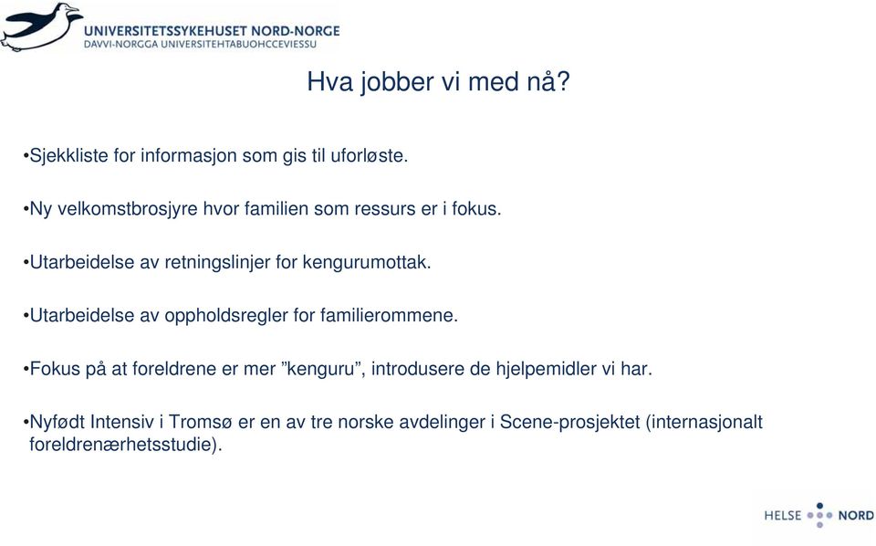 Utarbeidelse av retningslinjer for kengurumottak. Utarbeidelse av oppholdsregler for familierommene.