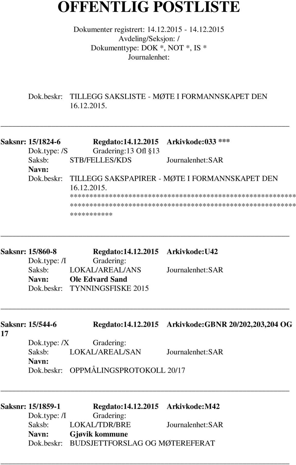 2015. Saksnr: 15/860-8 Regdato:14.12.2015 Arkivkode:U42 Saksb: LOKAL/AREAL/ANS SAR Ole Edvard Sand Dok.beskr: TYNNINGSFISKE 2015 Saksnr: 15/544-6 Regdato:14.12.2015 Arkivkode:GBNR 20/202,203,204 OG 17 Dok.