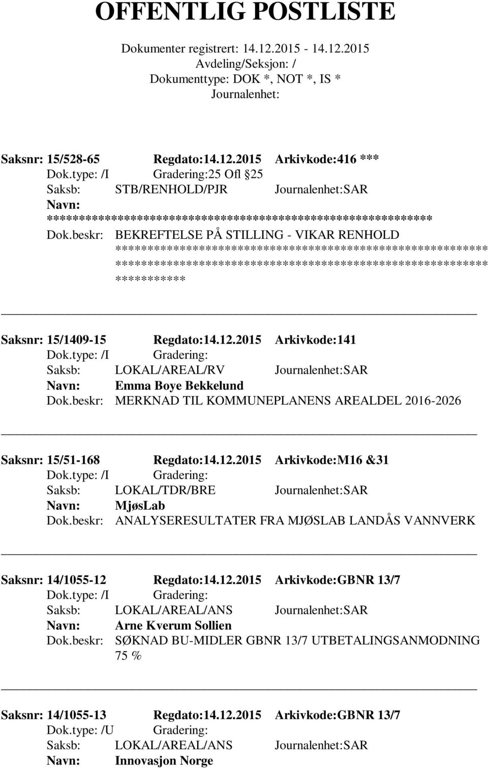 beskr: ANALYSERESULTATER FRA MJØSLAB LANDÅS VANNVERK Saksnr: 14/1055-12 Regdato:14.12.2015 Arkivkode:GBNR 13/7 Saksb: LOKAL/AREAL/ANS SAR Arne Kverum Sollien Dok.