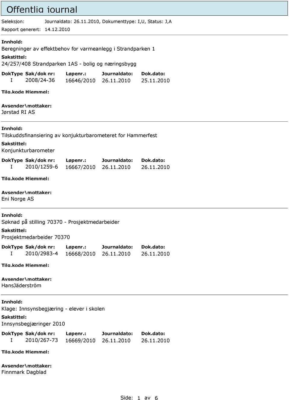 Jørstad R AS nnhold: Tilskuddsfinansiering av konjukturbarometeret for Hammerfest Konjunkturbarometer 2010/1259-6 16667/2010 ni Norge AS nnhold: Søknad