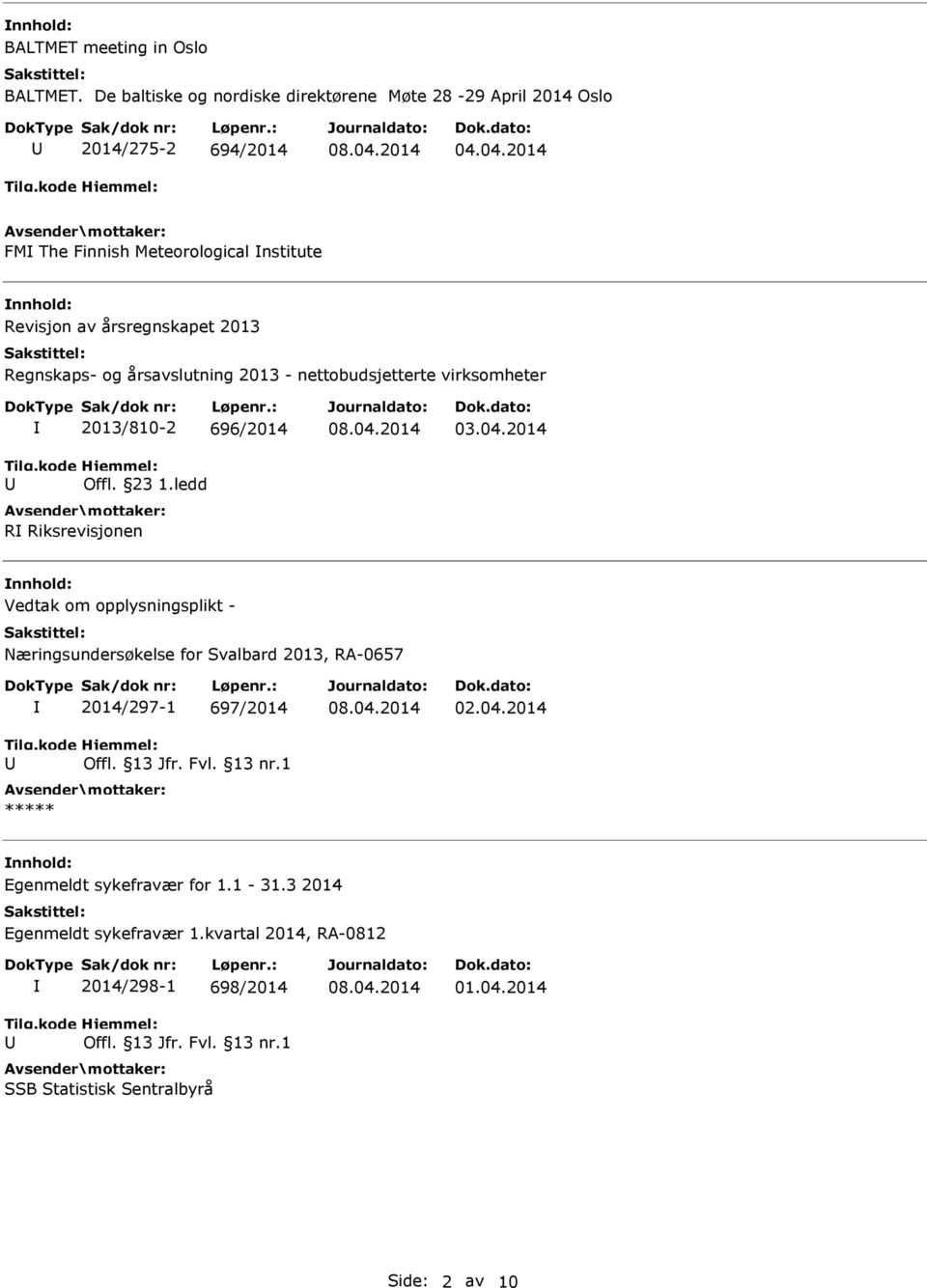 696/2014 Offl. 23 1.ledd R Riksrevisjonen 03.04.2014 Vedtak om opplysningsplikt - Næringsundersøkelse for Svalbard 2013, RA-0657 2014/297-1 697/2014 Offl.