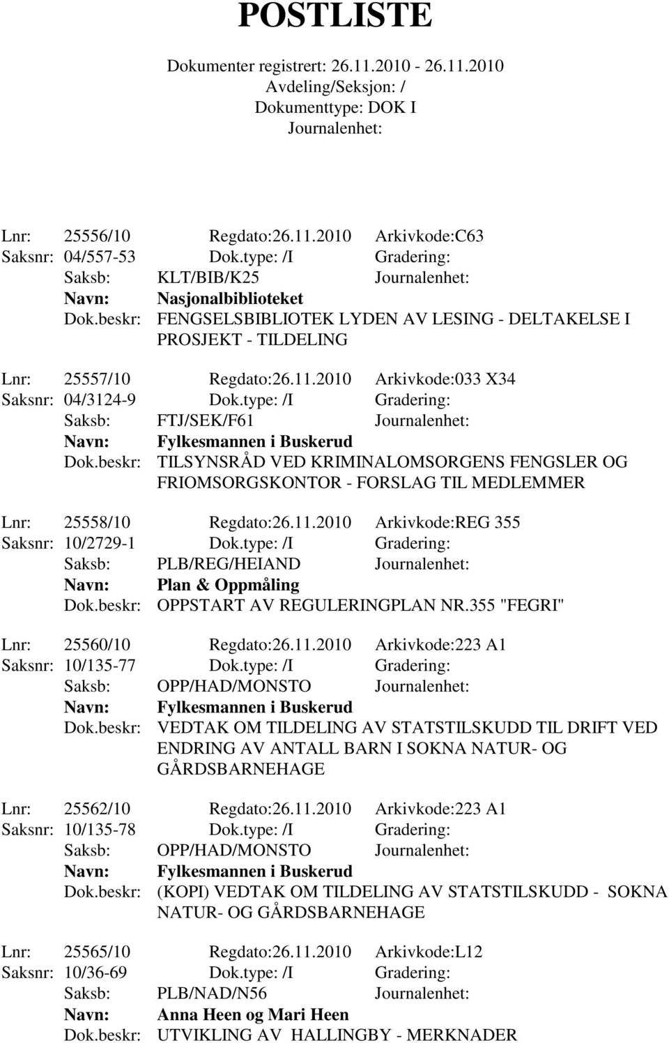 type: /I Gradering: Saksb: FTJ/SEK/F61 Fylkesmannen i Buskerud Dok.beskr: TILSYNSRÅD VED KRIMINALOMSORGENS FENGSLER OG FRIOMSORGSKONTOR - FORSLAG TIL MEDLEMMER Lnr: 25558/10 Regdato:26.11.