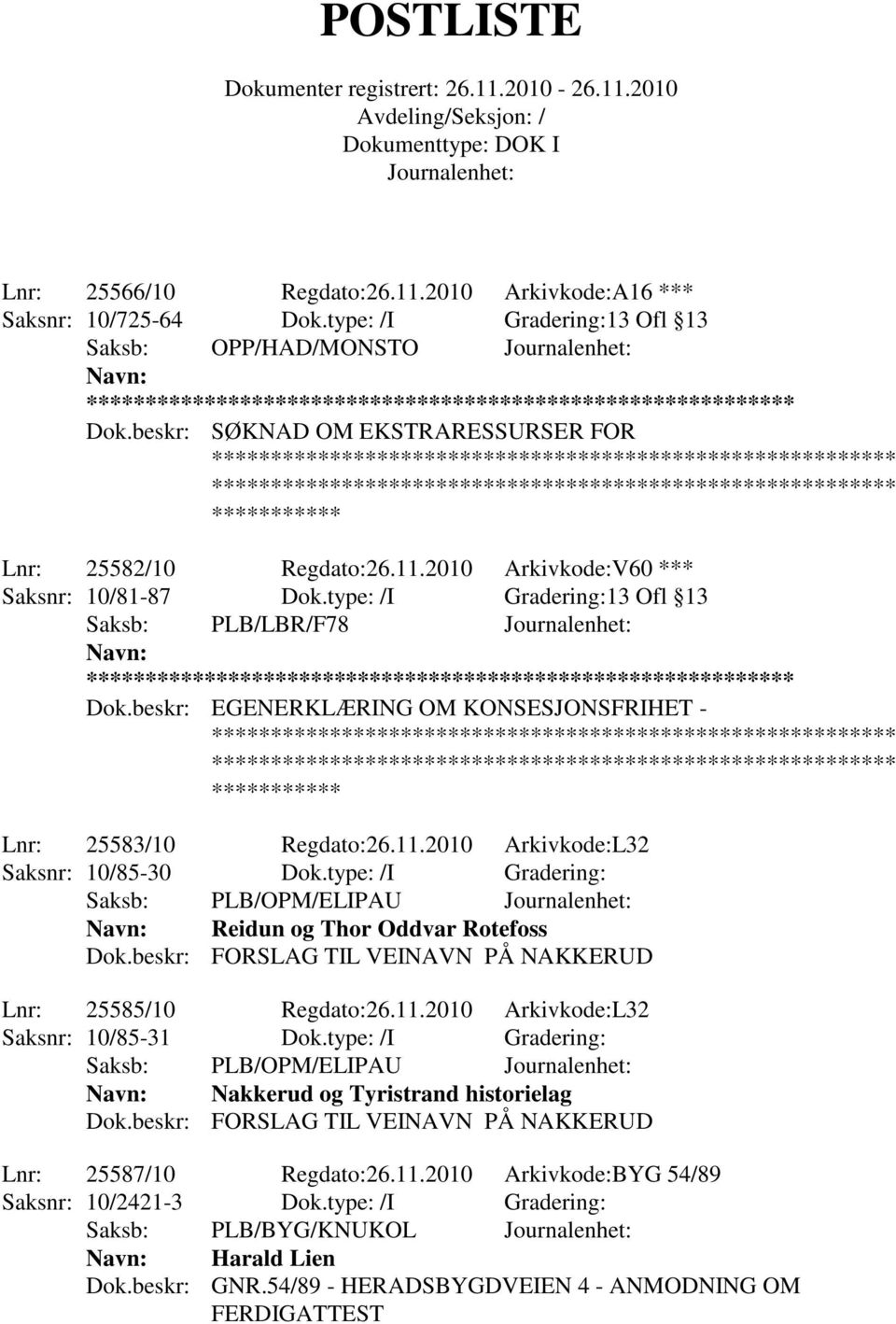 type: /I Gradering: Saksb: PLB/OPM/ELIPAU Reidun og Thor Oddvar Rotefoss Dok.beskr: FORSLAG TIL VEINAVN PÅ NAKKERUD Lnr: 25585/10 Regdato:26.11.2010 Arkivkode:L32 Saksnr: 10/85-31 Dok.