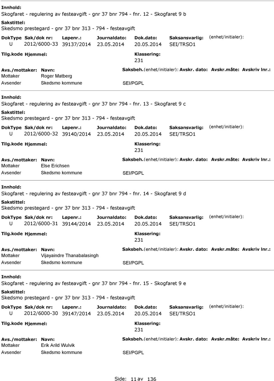 313-794 - festeavgift 2012/6000-32 39140/2014 SE/TRSO1 231 Mottaker Else Erichsen SE/PGPL  14 - Skogfaret 9 d Skedsmo prestegard - gnr 37 bnr 313-794 - festeavgift 2012/6000-31 39144/2014 SE/TRSO1