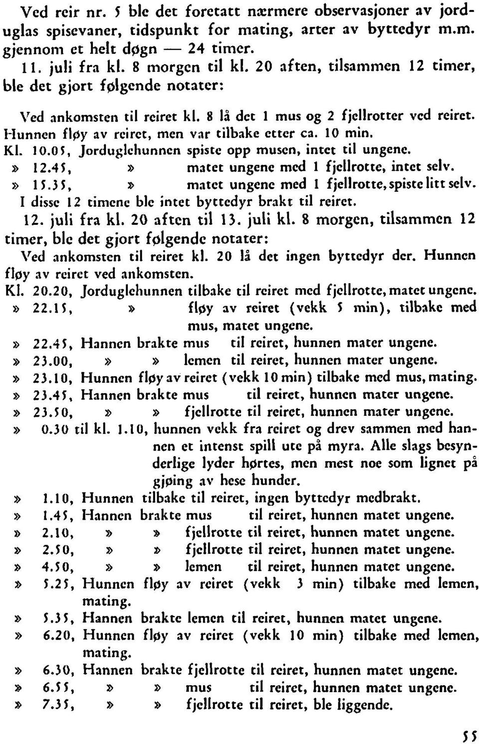 min. Kl. 10.0 5, Jorduglehunnen spiste opp musen, intet til ungene. i0 12.41,» matet ungene med 1 fjellrotte, intet selv.» 11.31, v matet ungene med 1 fjellrotte,spiste litt selv.