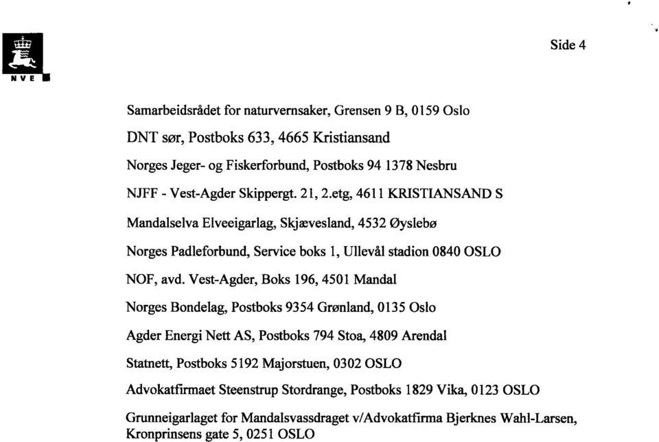 Vest-Agder, Boks 196, 4501 Mandal Norges Bondelag, Postboks 9354 Grønland, 0135 Oslo Agder Energi Nett AS, Postboks 794 Stoa, 4809 Arendal Statnett, Postboks 5192 Majorstuen,