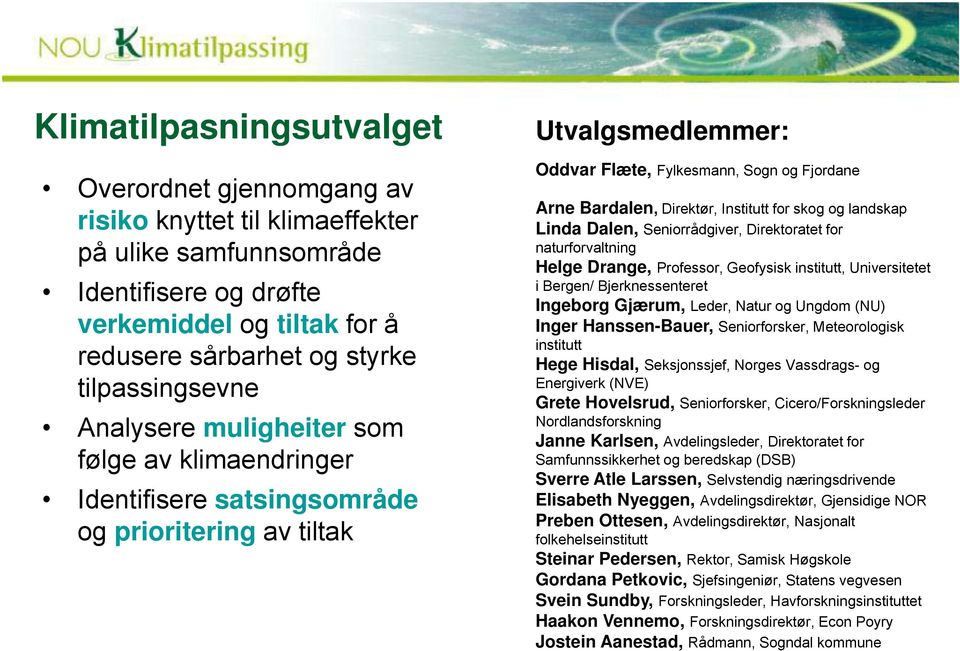 Direktør, Institutt for skog og landskap Linda Dalen, Seniorrådgiver, Direktoratet for naturforvaltning Helge Drange, Professor, Geofysisk institutt, Universitetet i Bergen/ Bjerknessenteret Ingeborg