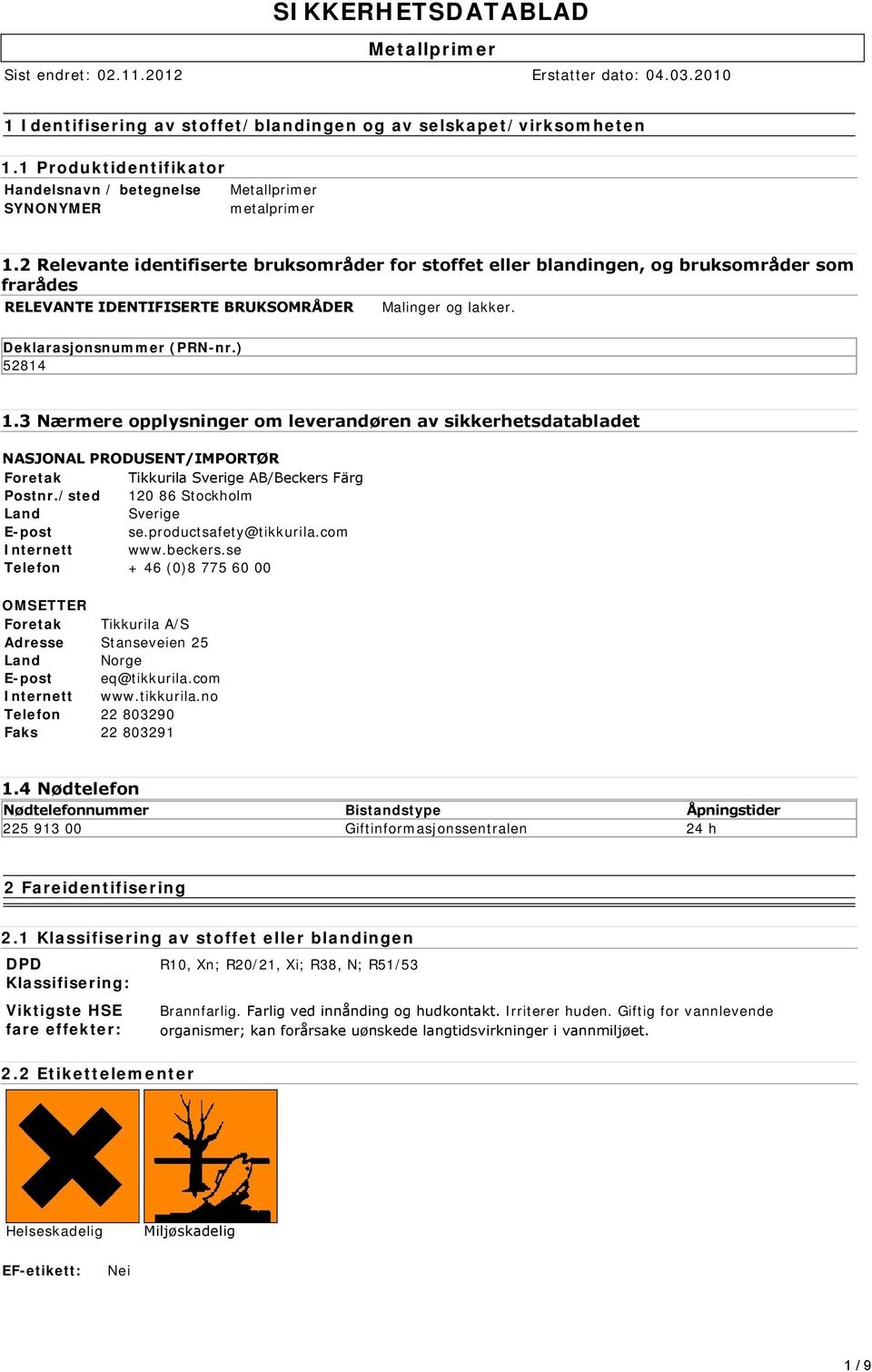 3 Nærmere opplysninger om leverandøren av sikkerhetsdatabladet NASJONAL PRODUSENT/IMPORTØR Foretak Tikkurila Sverige AB/Beckers Färg Postnr./sted 120 86 Stockholm Land Sverige E-post se.