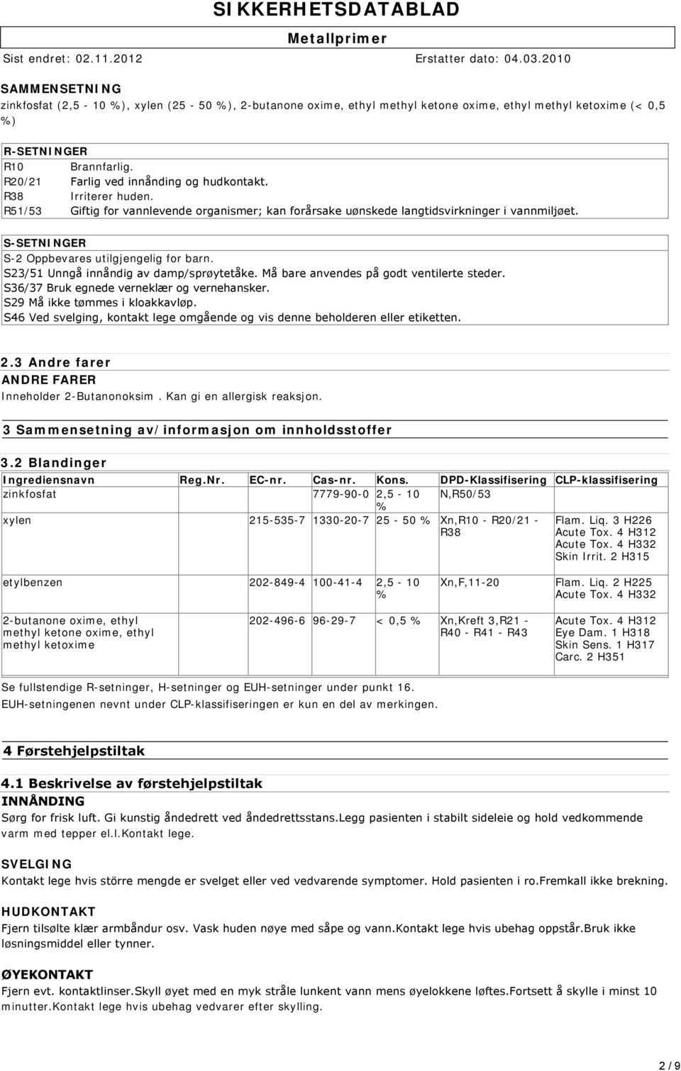 S-SETNINGER S-2 Oppbevares utilgjengelig for barn. S23/51 Unngå innåndig av damp/sprøytetåke. Må bare anvendes på godt ventilerte steder. S36/37 Bruk egnede verneklær og vernehansker.