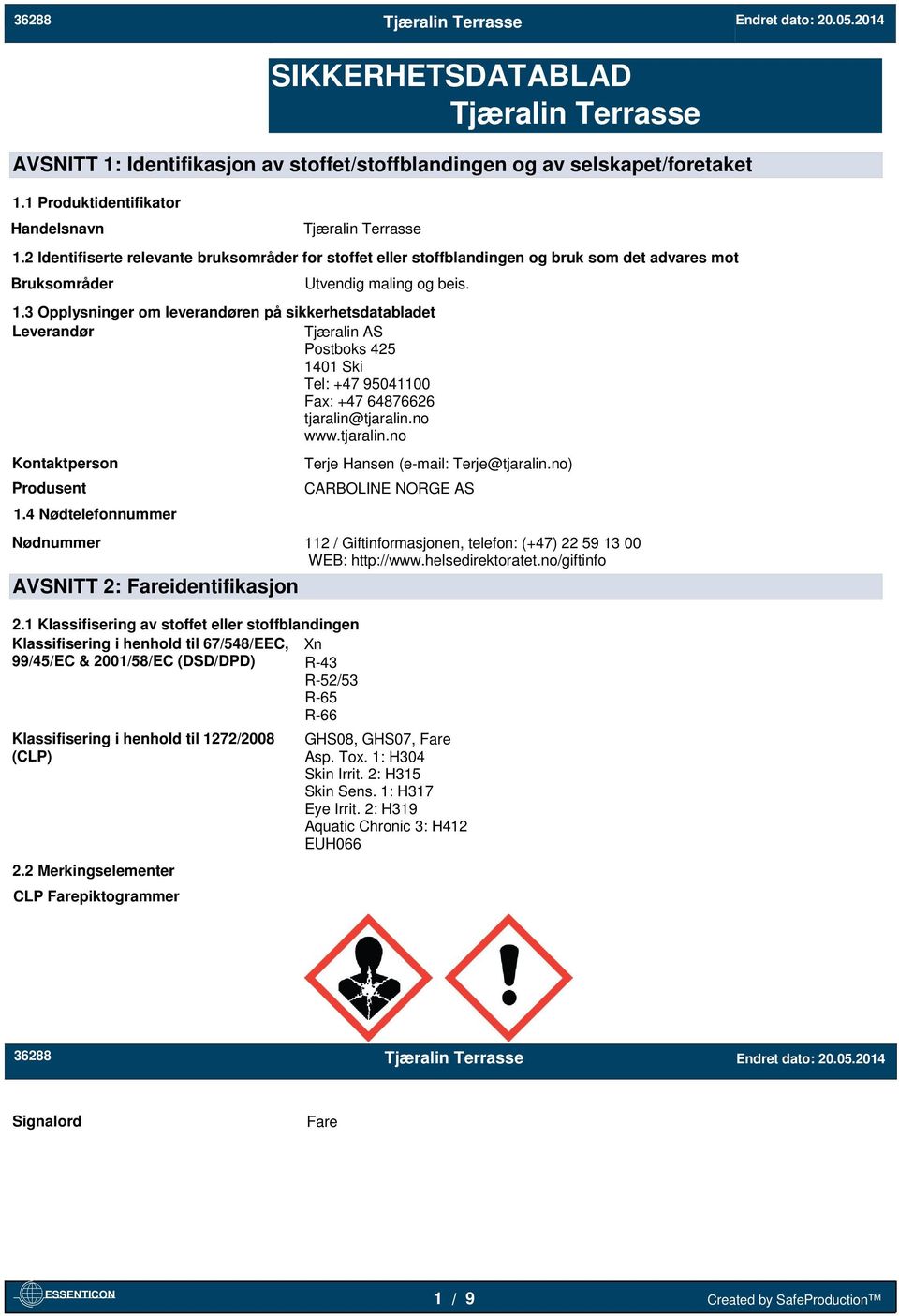 3 Opplysninger om leverandøren på sikkerhetsdatabladet Leverandør Tjæralin AS Postboks 425 1401 Ski Tel: +47 95041100 Fax: +47 64876626 tjaralin@tjaralin.no www.tjaralin.no Kontaktperson Produsent 1.
