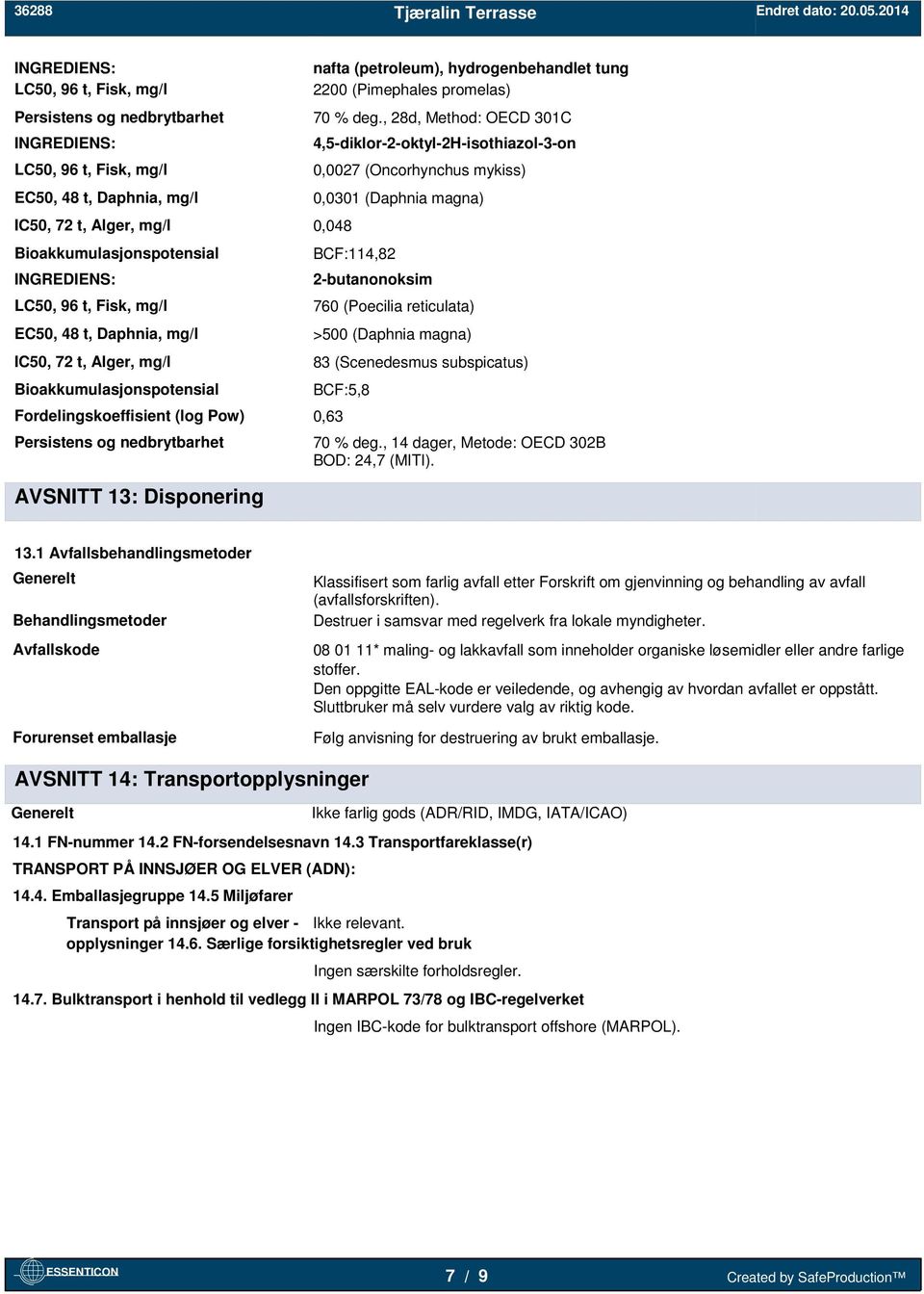 , 28d, Method: OECD 301C 4,5-diklor-2-oktyl-2H-isothiazol-3-on 0,0027 (Oncorhynchus mykiss) 0,0301 (Daphnia magna) BCF:114,82 2-butanonoksim 760 (Poecilia reticulata) >500 (Daphnia magna) 83