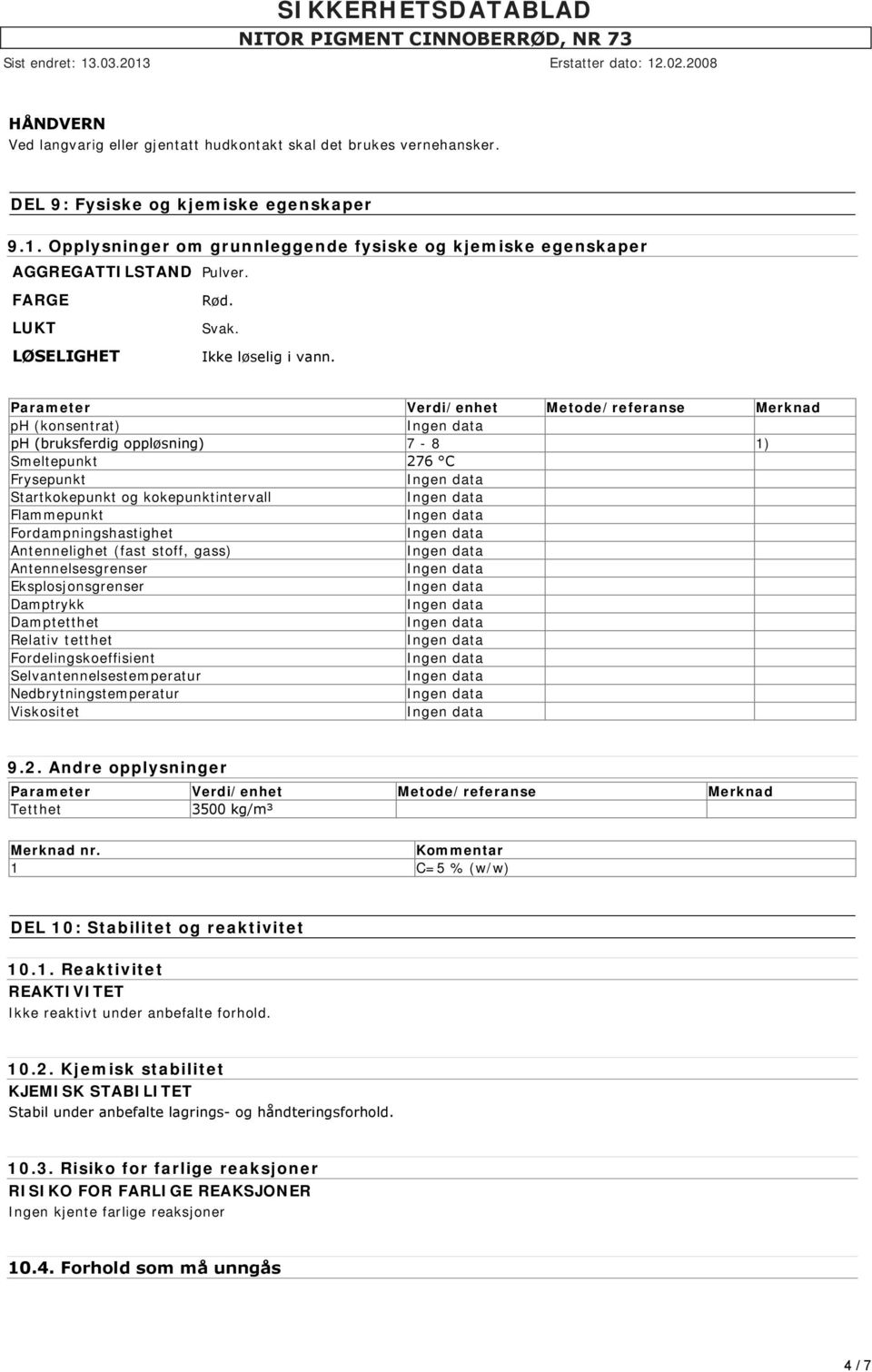 Parameter Verdi/enhet Metode/referanse Merknad ph (konsentrat) ph (bruksferdig oppløsning) 7-8 1) Smeltepunkt 276 C Frysepunkt Startkokepunkt og kokepunktintervall Flammepunkt Fordampningshastighet