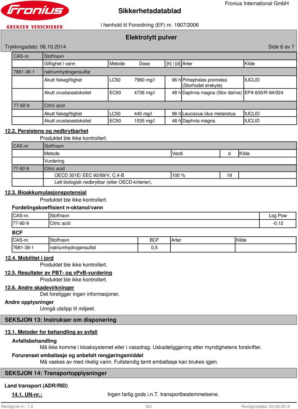 EC50 4736 mg/l 48 h Daphnia magna (Stor dafnie) EPA 600/R-94/024 77-92-9 Citric acid Akutt fiskegiftighet LC50 440 mg/l 96 h Leuciscus idus melanotus Akutt crustaceatoksitet EC50 1535 mg/l 48 h