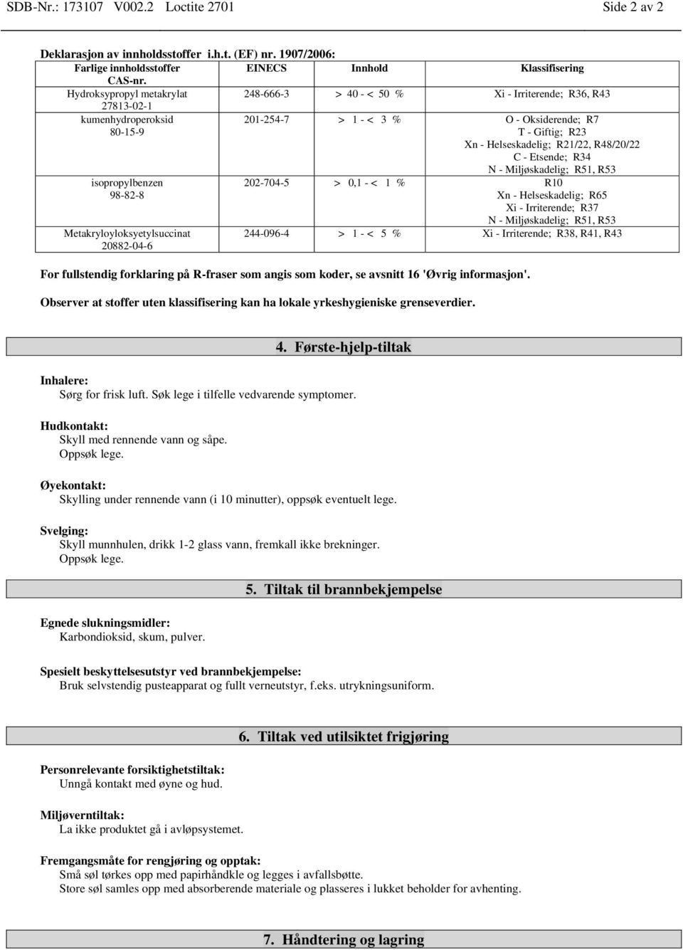 R21/22, R48/20/22 C - Etsende; R34 N - Miljøskadelig; R51, R53 isopropylbenzen Metakryloyloksyetylsuccinat 20882-04-6 202-704-5 > 0,1 - < 1 % R10 Xn - Helseskadelig; R65 Xi - Irriterende; R37 N -