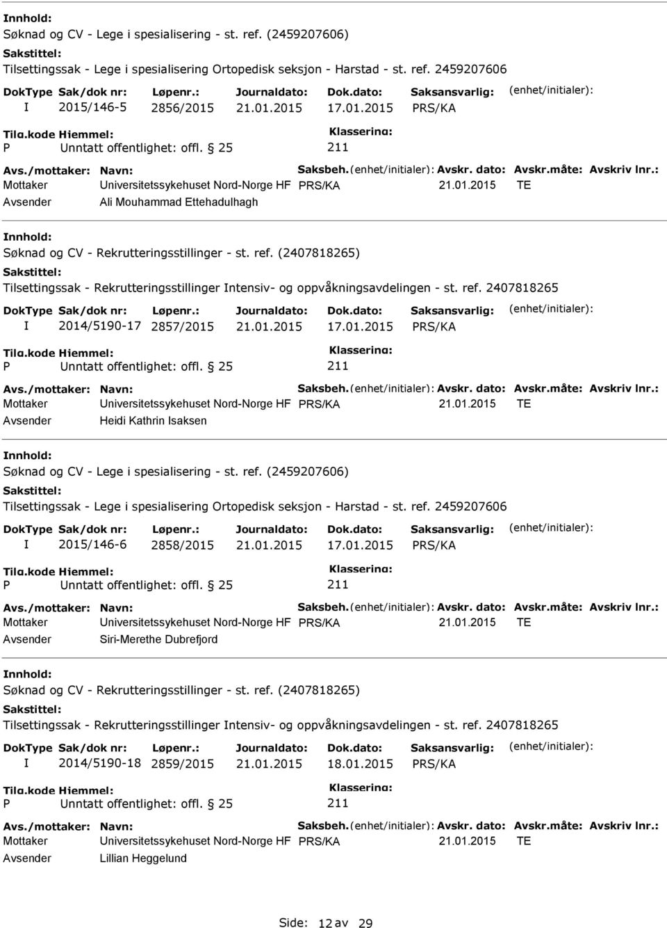 2407818265 2014/5190-17 2857/2015 17.01.2015 nntatt offentlighet: offl. 25 Mottaker niversitetssykehuset Nord-Norge HF TE Heidi Kathrin saksen Søknad og CV - Lege i spesialisering - st. ref.