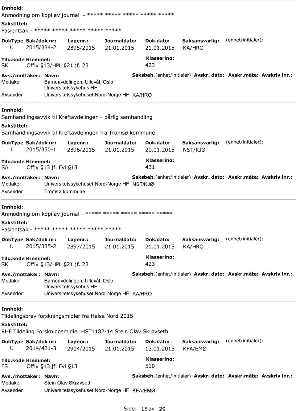 Tromsø kommune 2015/350-1 2896/2015 NST/KJØ SA 431 Mottaker niversitetssykehuset Nord-Norge HF NST/KJØ Tromsø kommune Anmodning om kopi av journal - ***** ***** ***** ***** ***** asientsak - *****