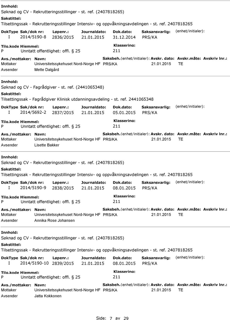 01.2015 nntatt offentlighet: offl. 25 Mottaker niversitetssykehuset Nord-Norge HF TE Lisette Bakker Tilsettingssak - Rekrutteringsstillinger ntensiv- og oppvåkningsavdelingen - st. ref.