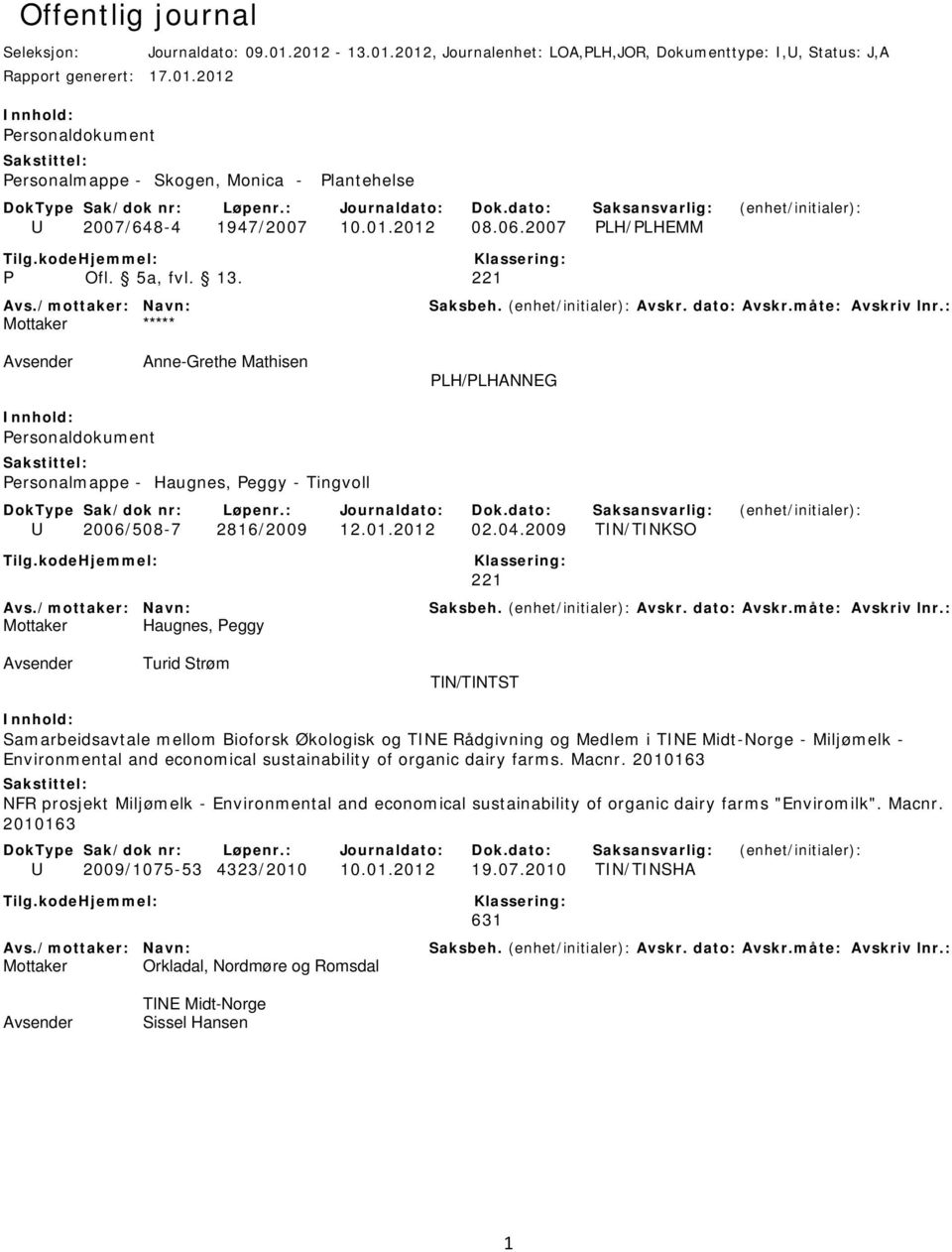 2009 TIN/TINKSO 221 Haugnes, Peggy Turid Strøm TIN/TINTST Samarbeidsavtale mellom Bioforsk Økologisk og TINE Rådgivning og Medlem i TINE Midt-Norge - Miljømelk - Environmental and economical