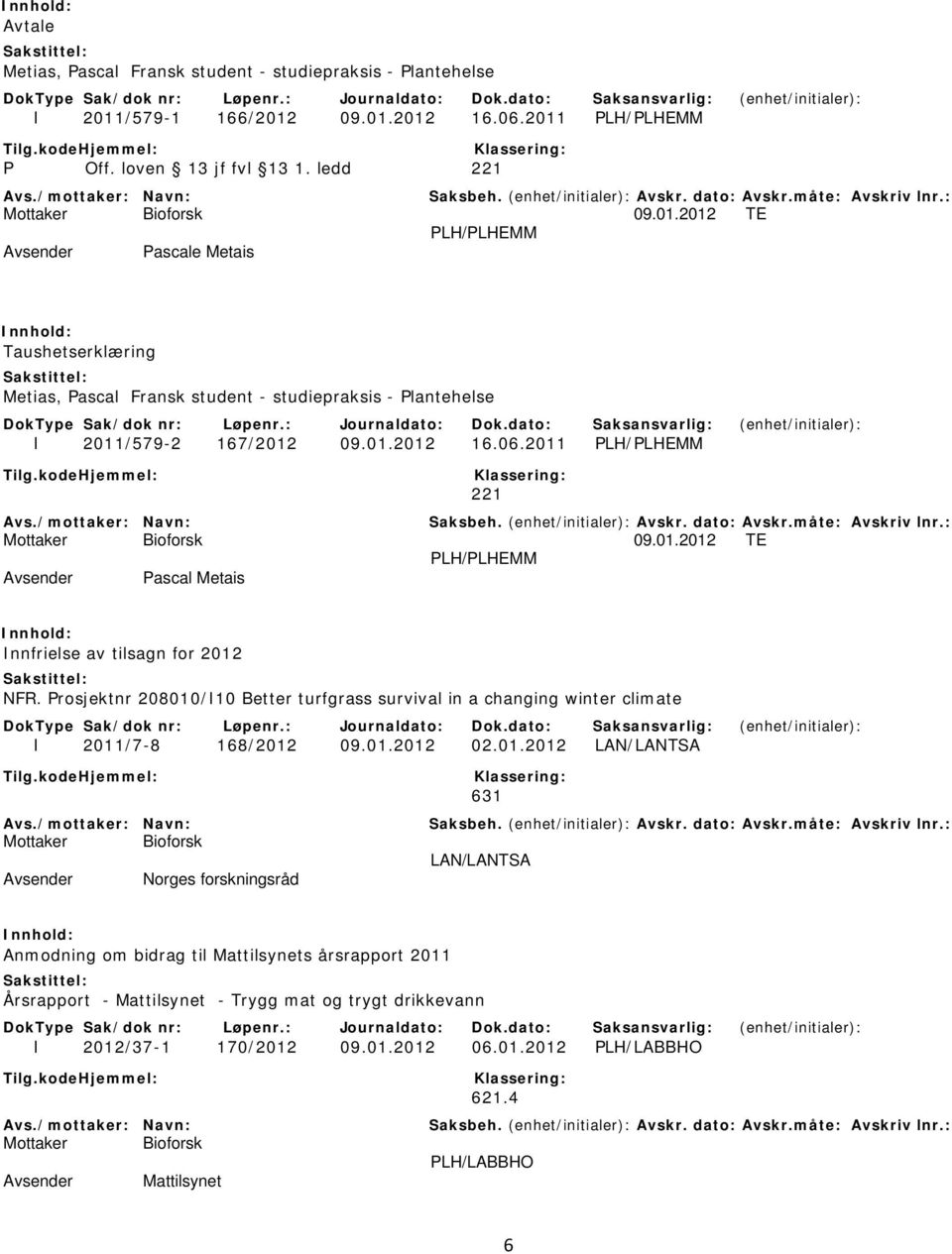 01.2012 16.06.2011 PLH/PLHEMM 221 09.01.2012 TE PLH/PLHEMM Pascal Metais Innfrielse av tilsagn for 2012 NFR.