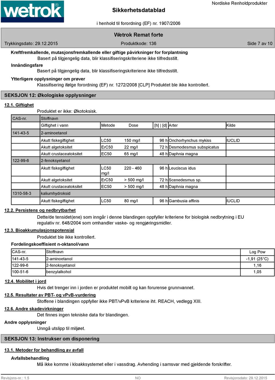 1272/200 [CLP] Produktet ble ikke kontrollert. SEKSJON 12: Økologiske opplysninger 12.1. Giftighet CAS-nr. 141-43-5 122-99-6 1310-5-3 Produktet er ikke: Økotoksisk.