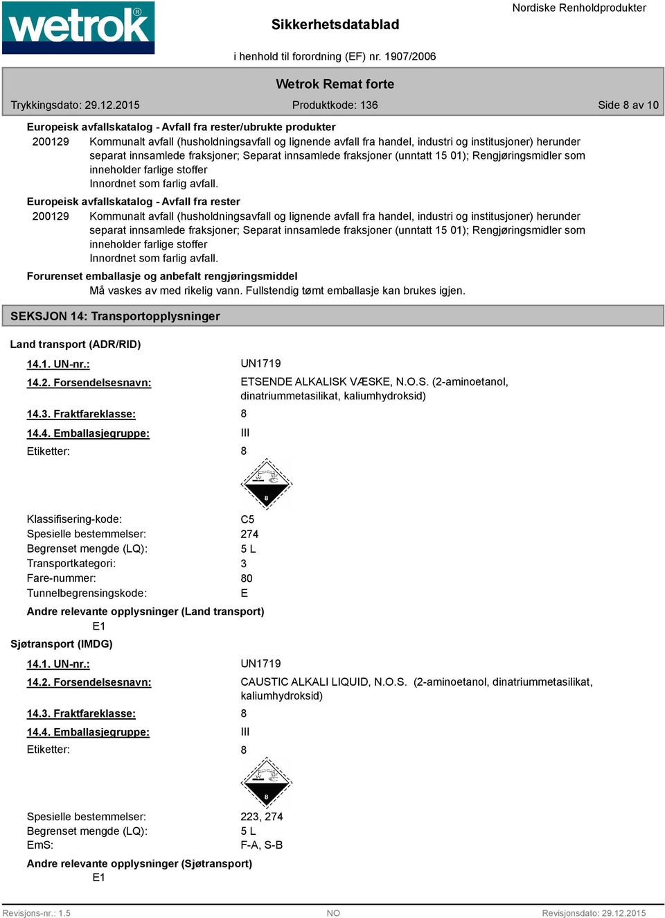 Europeisk avfallskatalog - Avfall fra rester 200129 Kommunalt avfall (husholdningsavfall og lignende avfall fra handel, industri og institusjoner) herunder separat  Forurenset emballasje og anbefalt