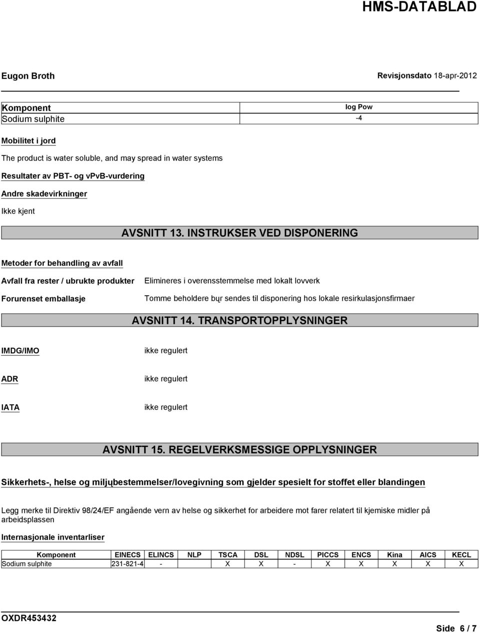 sendes til disponering hos lokale resirkulasjonsfirmaer AVSNITT 14. TRANSPORTOPPLYSNINGER IMDG/IMO ikke regulert ADR ikke regulert IATA ikke regulert AVSNITT 15.