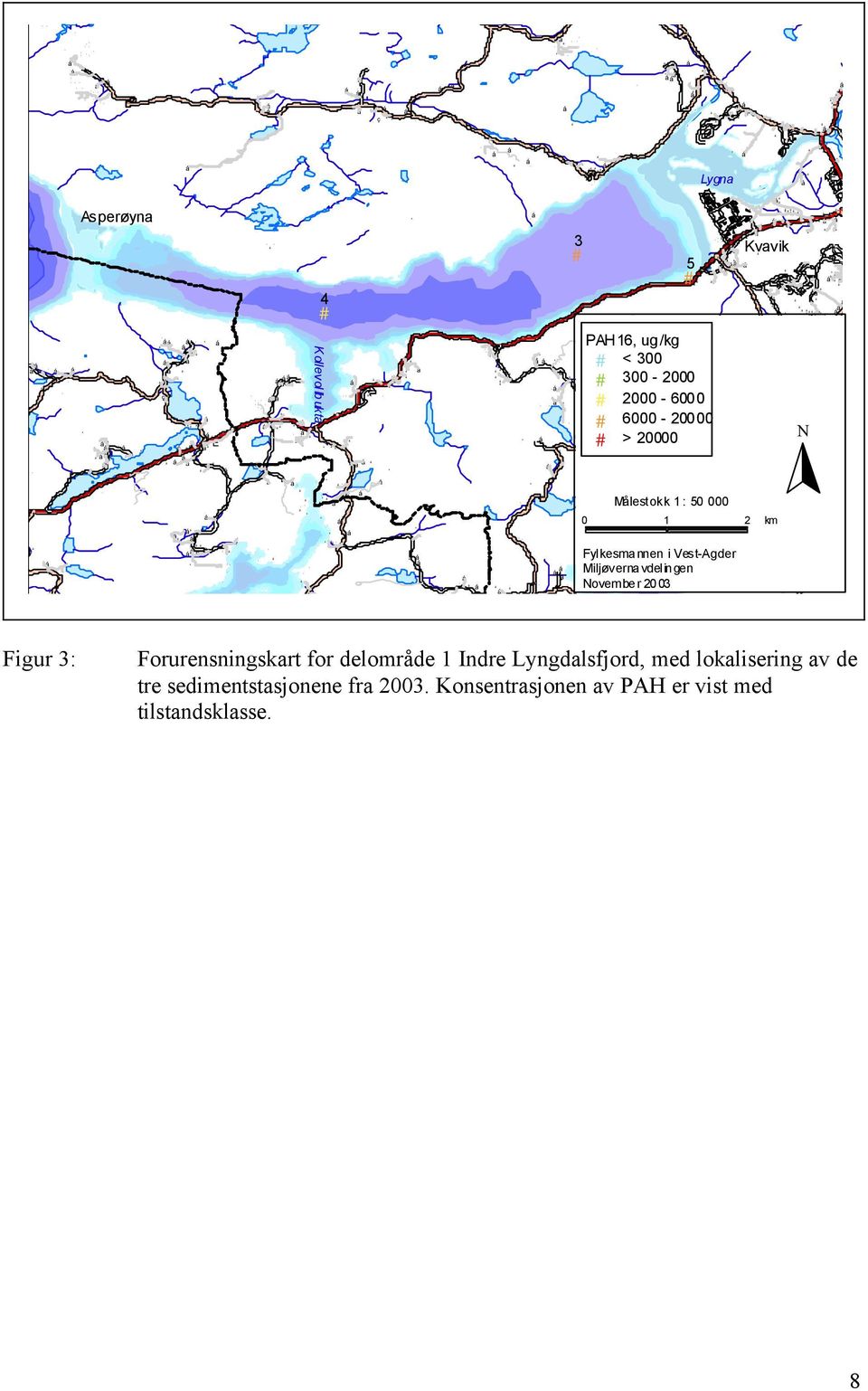 Kollevollbukta Kvavik Figur 3: Forurensningskart for delområde 1 Indre Lyngdalsfjord, med