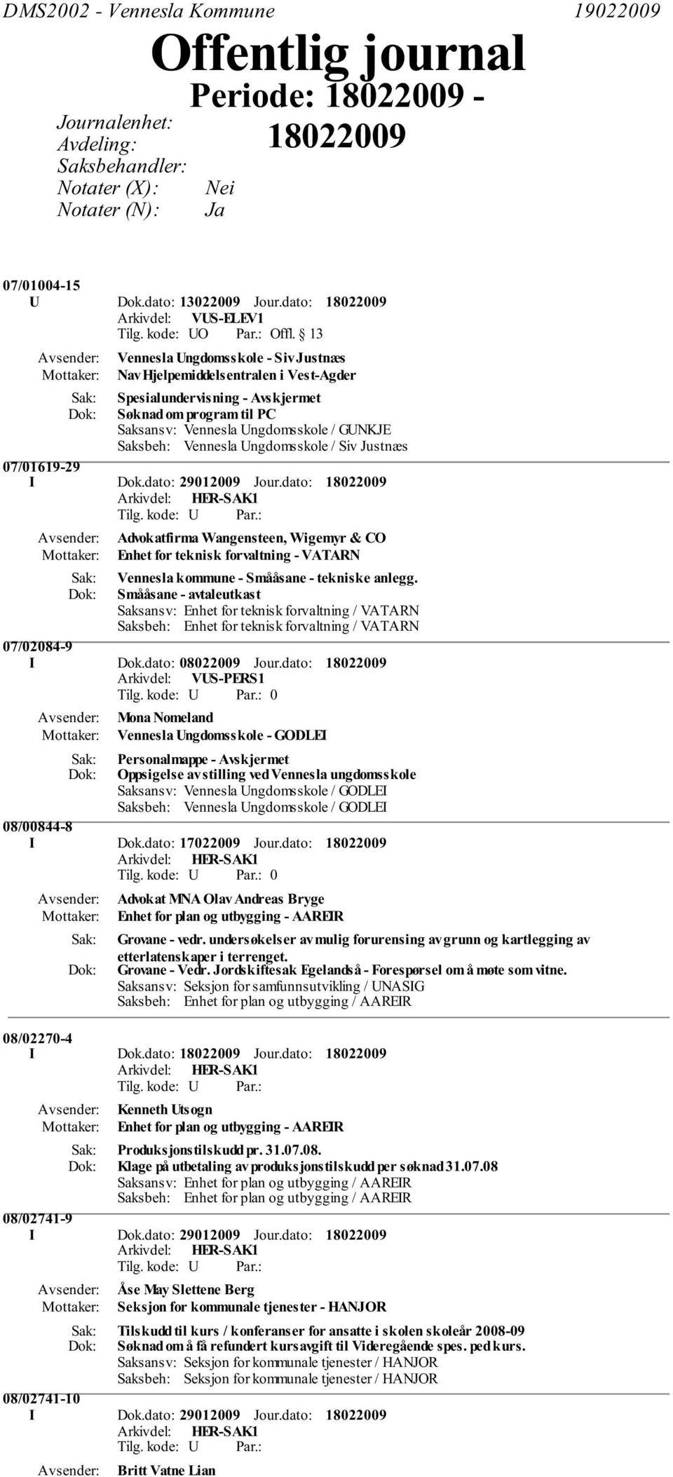 Vennesla Ungdomsskole / Siv Justnæs 07/01619-29 I Dok.dato: 29012009 Jour.