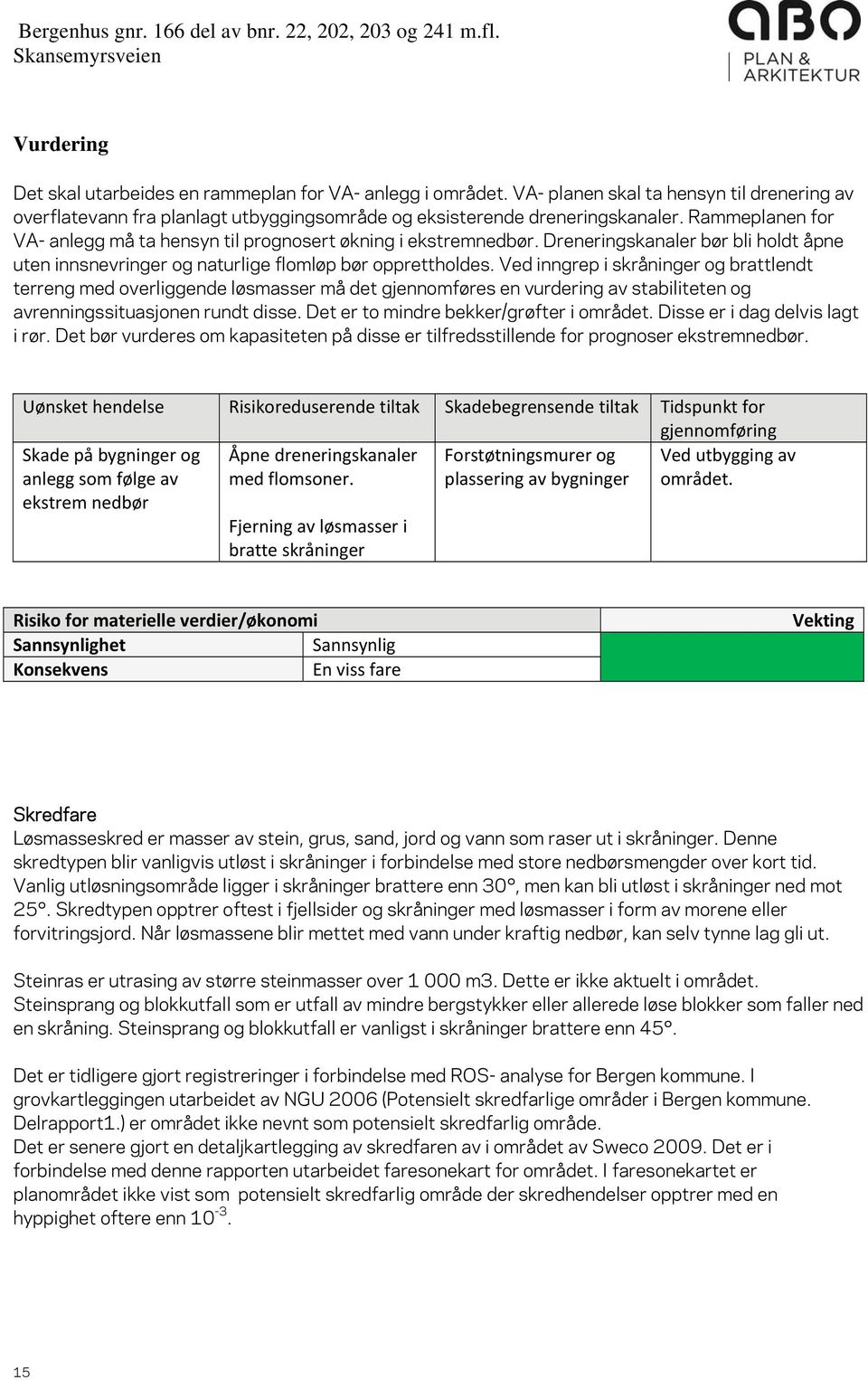 Ved inngrep i skråninger og brattlendt terreng med overliggende løsmasser må det gjennomføres en vurdering av stabiliteten og avrenningssituasjonen rundt disse.