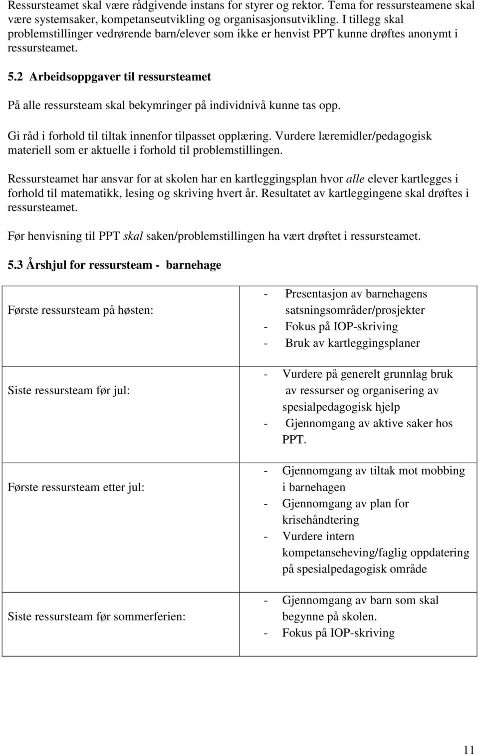 2 Arbeidsoppgaver til ressursteamet På alle ressursteam skal bekymringer på individnivå kunne tas opp. Gi råd i forhold til tiltak innenfor tilpasset opplæring.