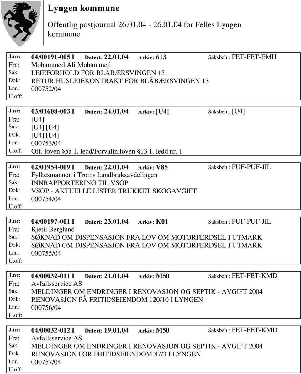 : PUF-PUF-JIL Fra: Fylkesmannen i Troms Landbruksavdelingen Sak: INNRAPPORTERING TIL VSOP Dok: VSOP - AKTUELLE LISTER TRUKKET SKOGAVGIFT Lnr.: 000754/04 -QU, 'DWHUW $UNLY. Saksbeh.