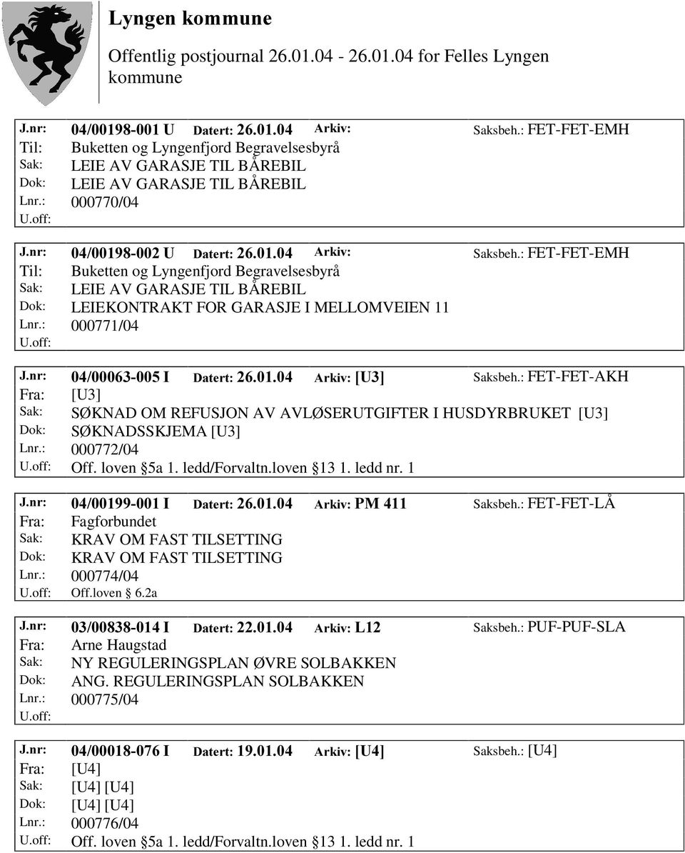 : FET-FET-AKH Fra: [U3] Sak: SØ KNAD OM REFUSJON AV AVLØ SERUTGIFTER I HUSDYRBRUKET [U3] Dok: SØ KNADSSKJEMA [U3] Lnr.: 000772/04 Off. loven 5a 1. ledd/forvaltn.loven 13 1. ledd nr.