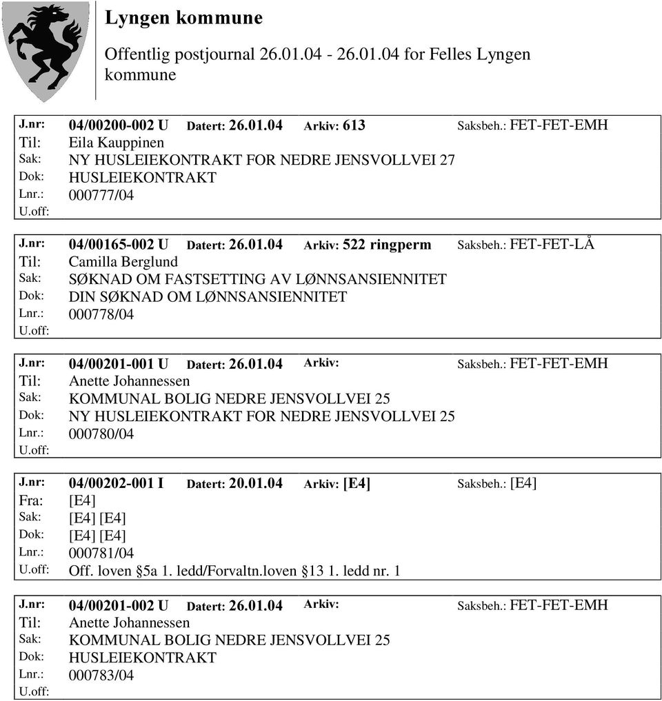 : 000778/04 Til: Anette Johannessen Sak: KOMMUNAL BOLIG NEDRE JENSVOLLVEI 25 Dok: NY HUSLEIEKONTRAKT FOR NEDRE JENSVOLLVEI 25 Lnr.